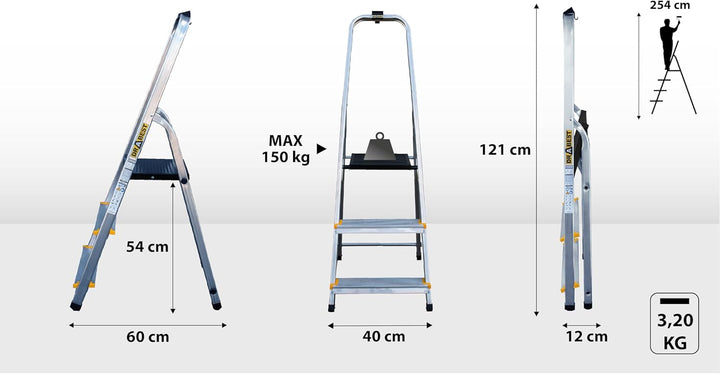 Drabest - PRO Haushaltsleiter - Stehleiter - 3 Stufen - Arbeitshöhe 2,54m - Klappleiter aus Aluminiu