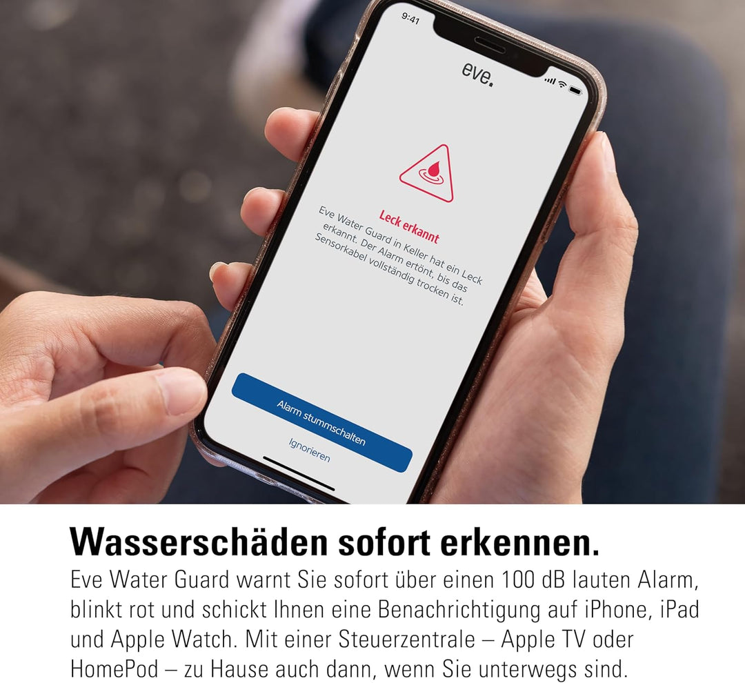 Eve Water Guard - Smarter Wassermelder, 2m Sensorkabel (verlängerbar), 100dB, Wasseralarm auf iPhone