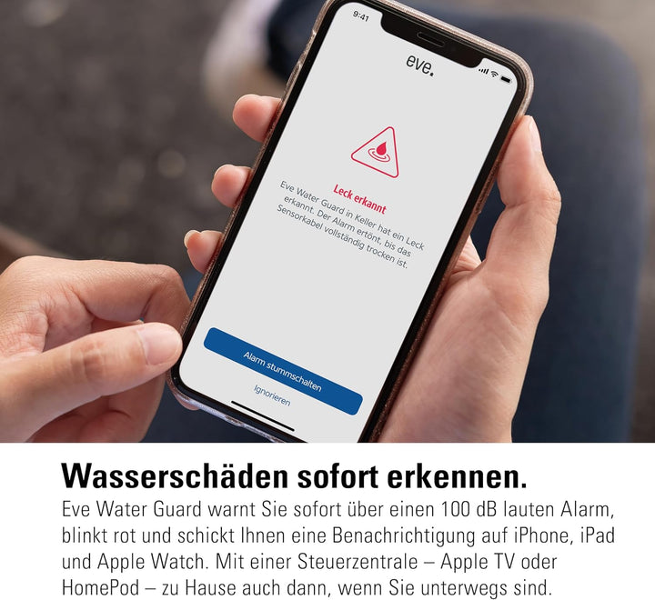 Eve Water Guard - Smarter Wassermelder, 2m Sensorkabel (verlängerbar), 100dB, Wasseralarm auf iPhone