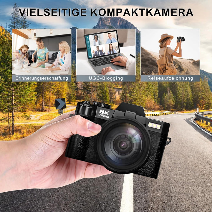 64MP Digitalkamera 8K für Fotografie & Vlogging, 180° Flip Screen Kamera mit WiFi, 16X Zoom, Externe