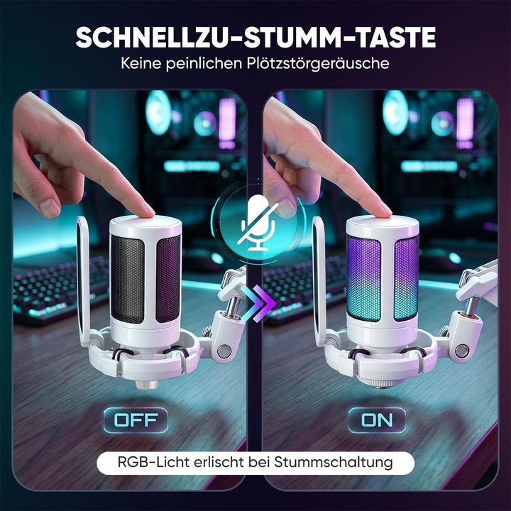 FIFINE USB Mikrofon PC Gaming mit Arm, Typ A/C Microphone Weiss für MAC PS4 PS5 mit Stummschalttaste
