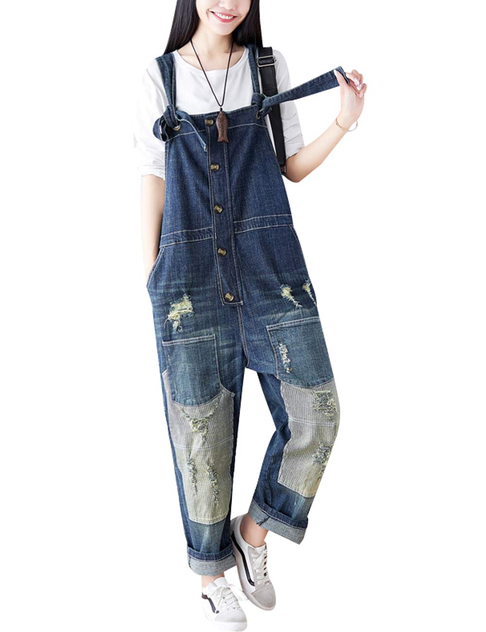 Youlee Damen Strappy Overalls Beiläufig Overall Baumwolle Latzhose Einheitsgrösse Style 1 Deep Blue,