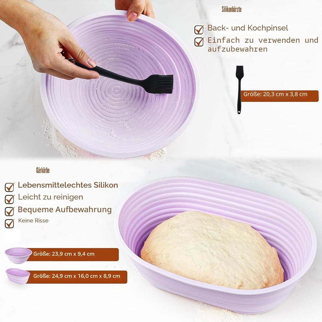 Brotgärkorb -Set- aus Silikon, Gärkörbchen zum Brotbacken (23cm Rund und 25cm Gärkörbchen oval),Brot