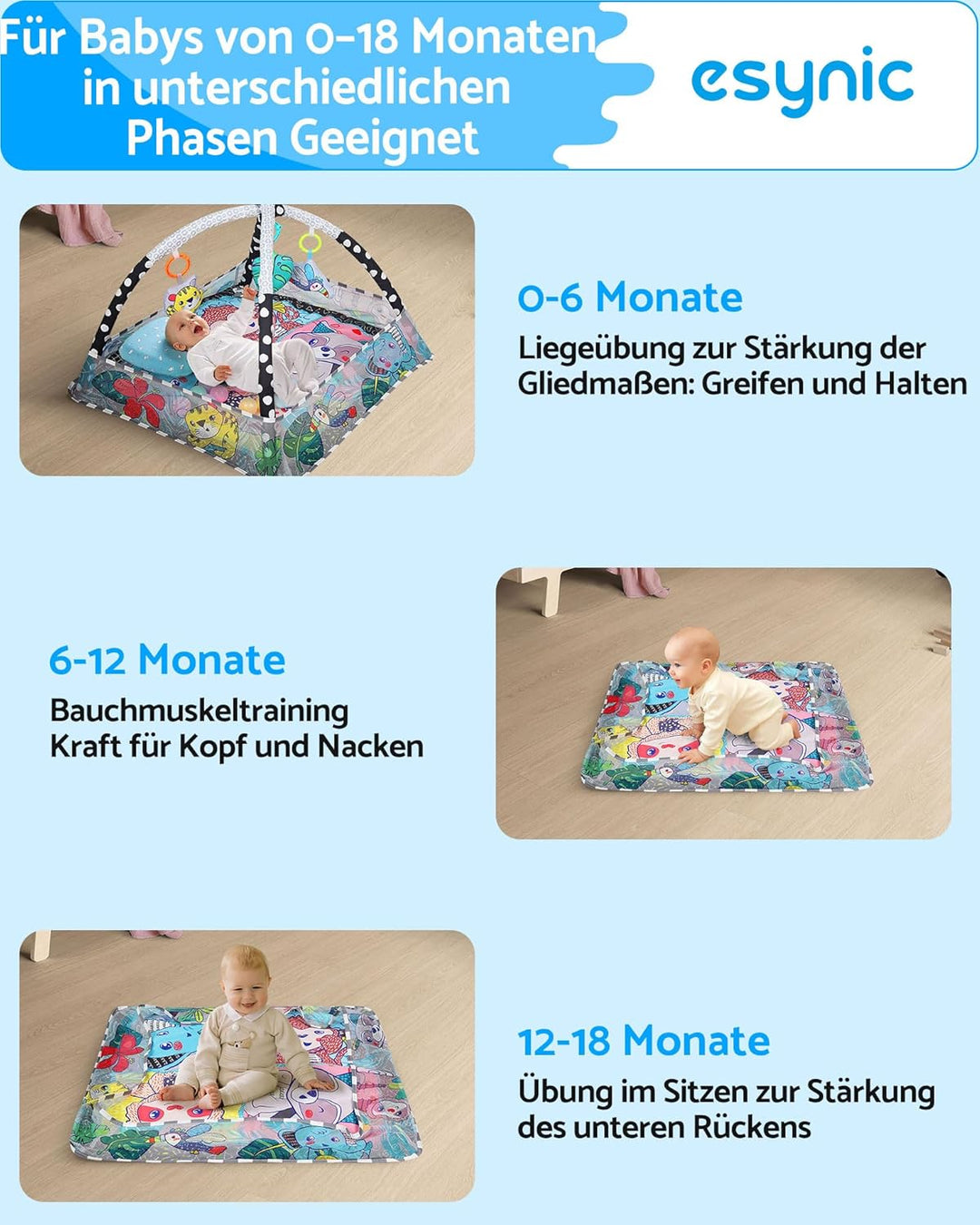 eSynic Baby Gym Spieldecke mit Spielbogen & Netz Baby Spielmatte für Bauchzeit 7-in-1 Krabbeldecke m