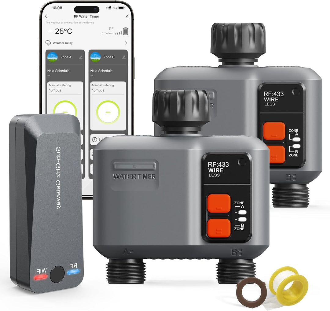 Bewässerungscomputer WLAN 2 Ausgänge mit 300M RF-Technologie, 2er-Packu Bewässerungsuhr für Gartenbe