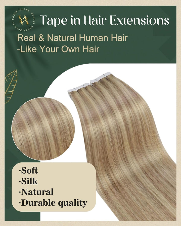 Ugeat Tape Extensions Echthaar Goldblond Highlights 35 cm Natürlich Remy Tape in Extensions Echthaar