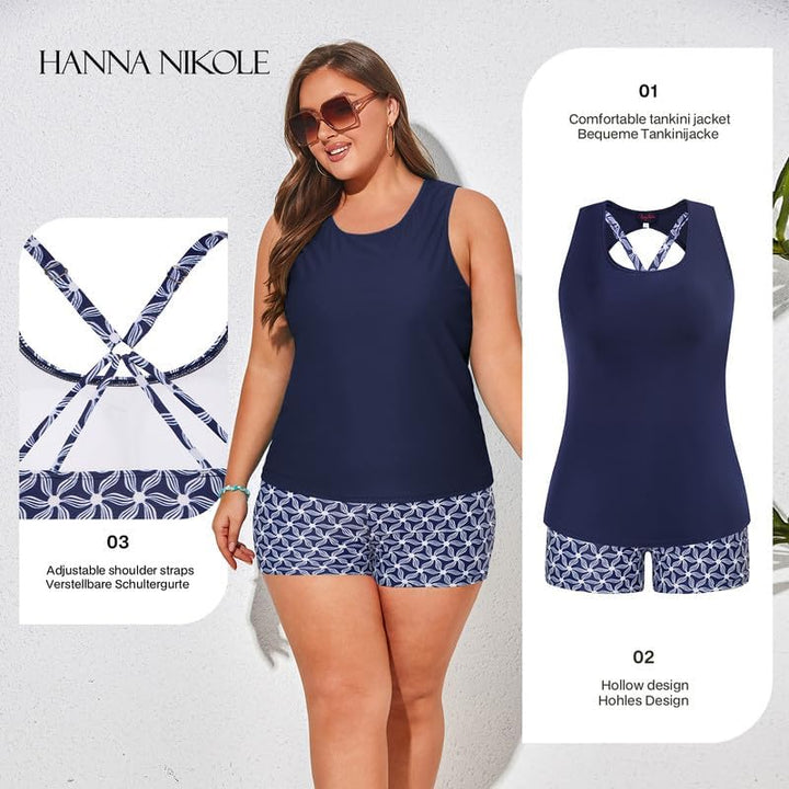 Hanna Nikole Tankini Damen Sportlich Grosse Grössen Dreiteilig Tank Aushöhlen Oberteil mit Boyshorts