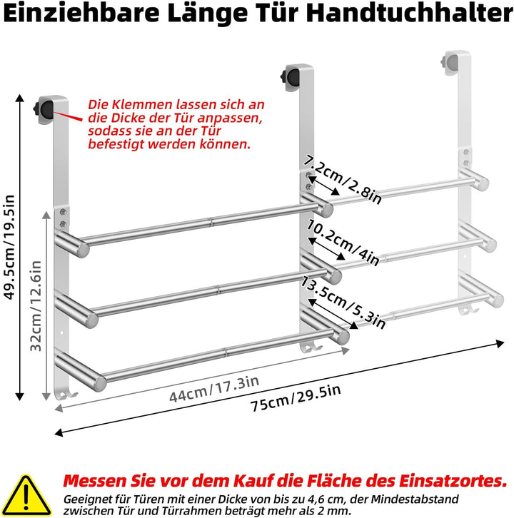 Mittimiya Ausziehbar 44-75cm Handtuchhalter Tür mit 3 Handtuchstangen, Edelstahl Handtuchhalter Ohne