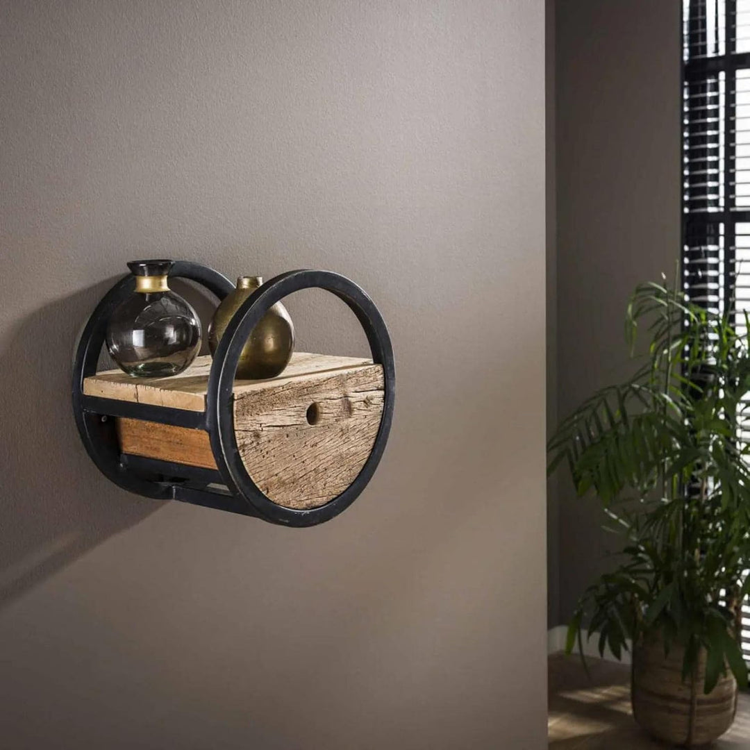 RINGO-Living Rundes Regal Metall & Massivholz mit Schublade, Hängende Kommode aus Hartholz & Metallu