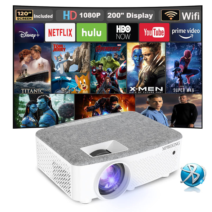 WiFi Beamer mit 120 Zoll Screen, 7500 Lumen WLAN Bluetooth Unterstützung 1080P Video, mit HiFi-Lauts