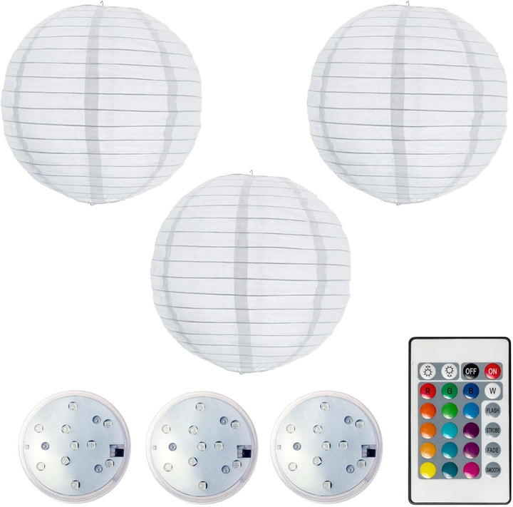 Hellum LED Lampion aussen mit Fernbedienung, weisse Lampions mit bunt LED, 3x30cm wetterfest Lampens