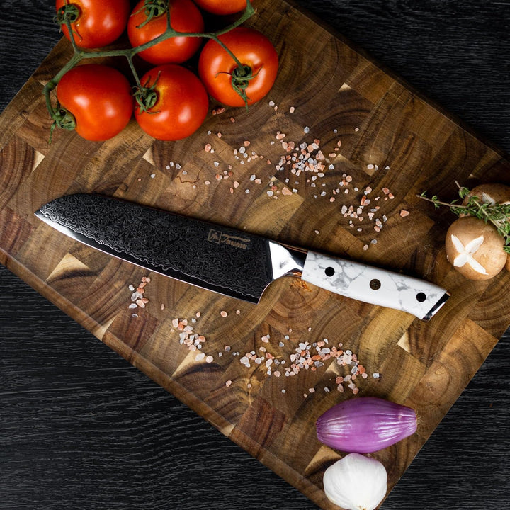 Tsume Santoku Messer White Marble, Klingenlänge 22cm, Echtes Damast Küchenmesser, 67 Schichten VG10