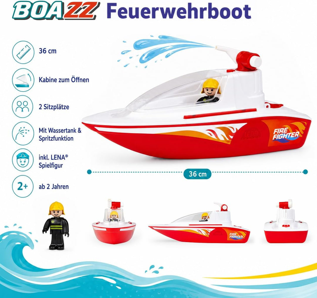 Lena BOAZZ Feuerwehrboot 36 cm, Spielzeugboot Indoor und Outdoor, für Kinder ab 2 Jahren, mit Wasser