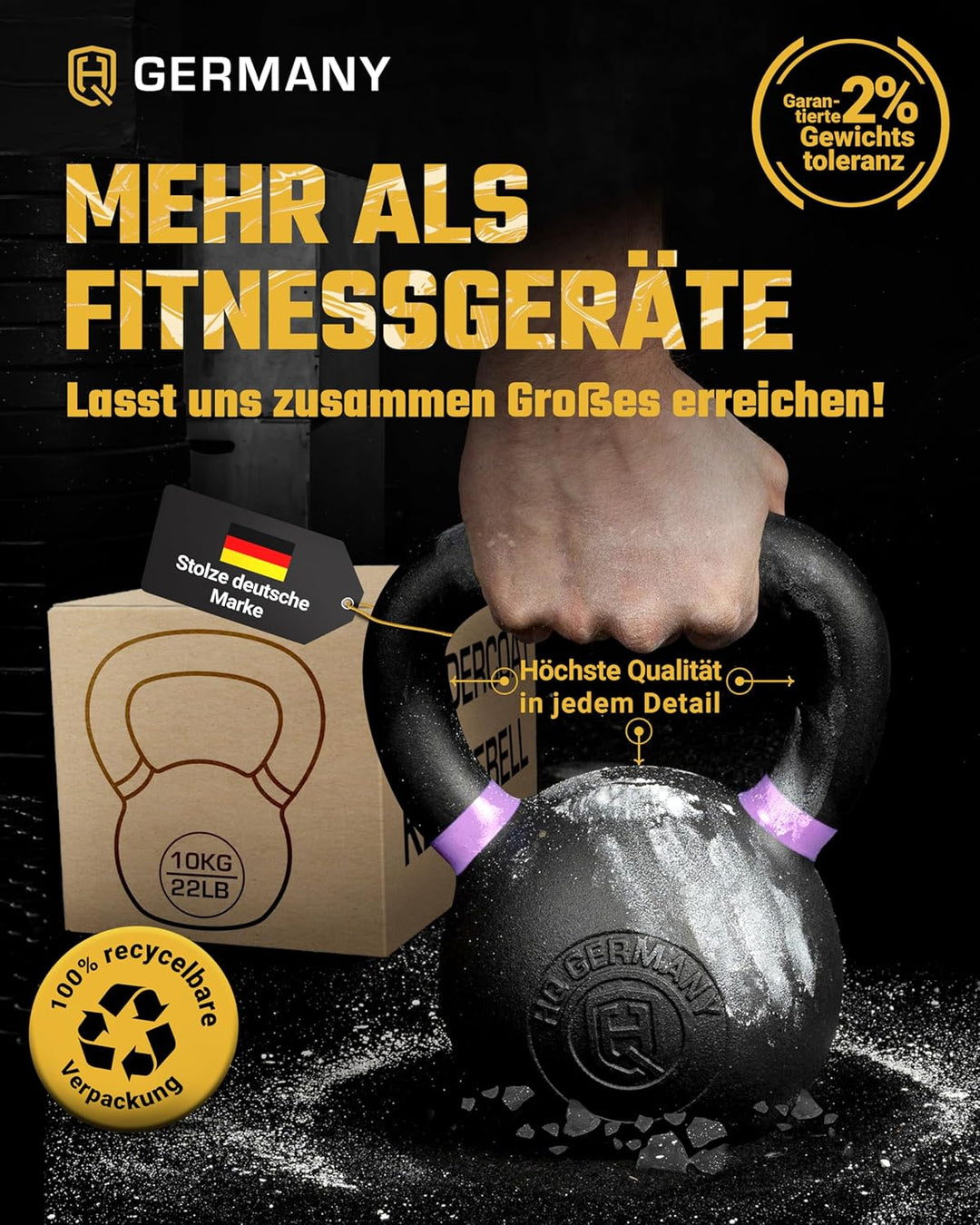 HQ Germany® Kettlebell Powdercoat [Pulverbeschichtung] - Kugelhantel 2-32kg | Vollguss ohne Schweiss