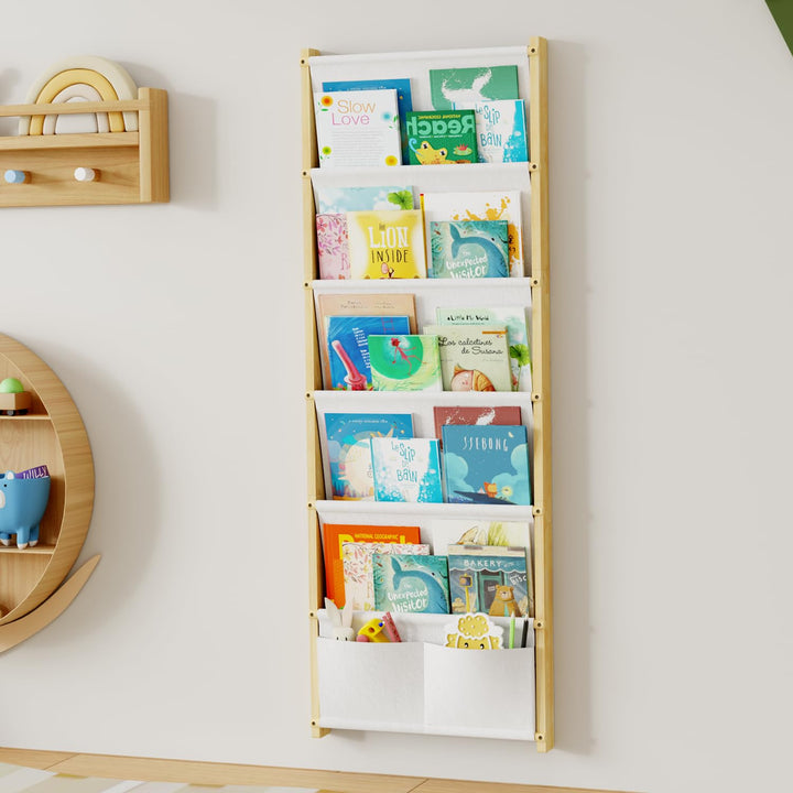 Bücherregal Kinder Wand Holz, mit 6 Lagige Taschen Wandregal Bücher Kinder, Montessori Bücherregal f