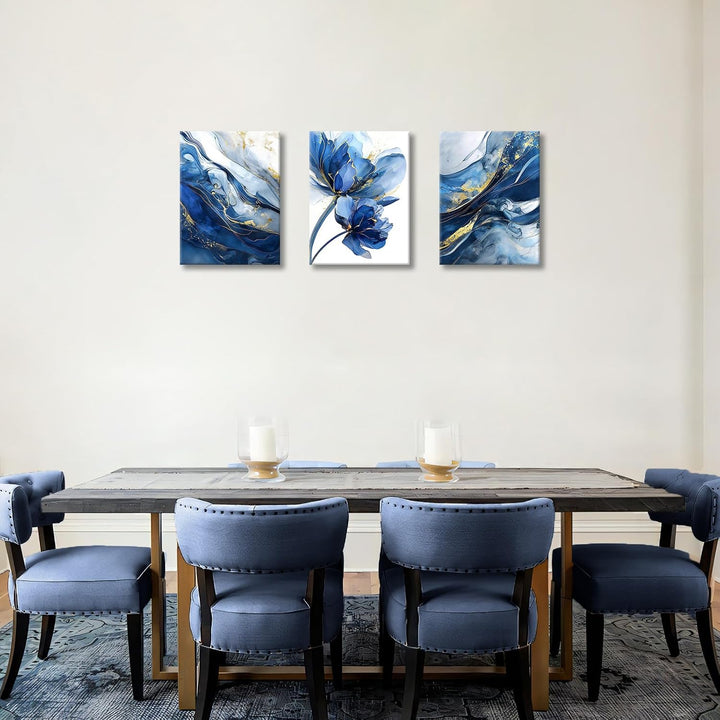 3Pcs Aquarell Gold Blau Lotusblume Mit Rahmen Leinwand Bilder Abstrakt Marineblau Marmor Bild auf Le