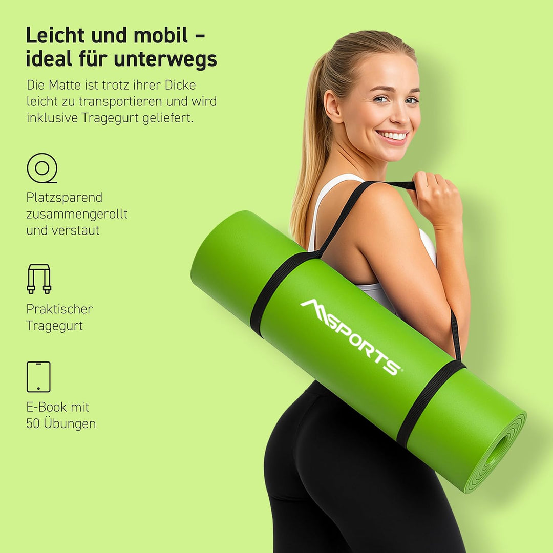 MSPORTS Gymnastikmatte Premium inkl. Tragegurt + Übungsposter + Workout App I Hautfreundliche Fitnes