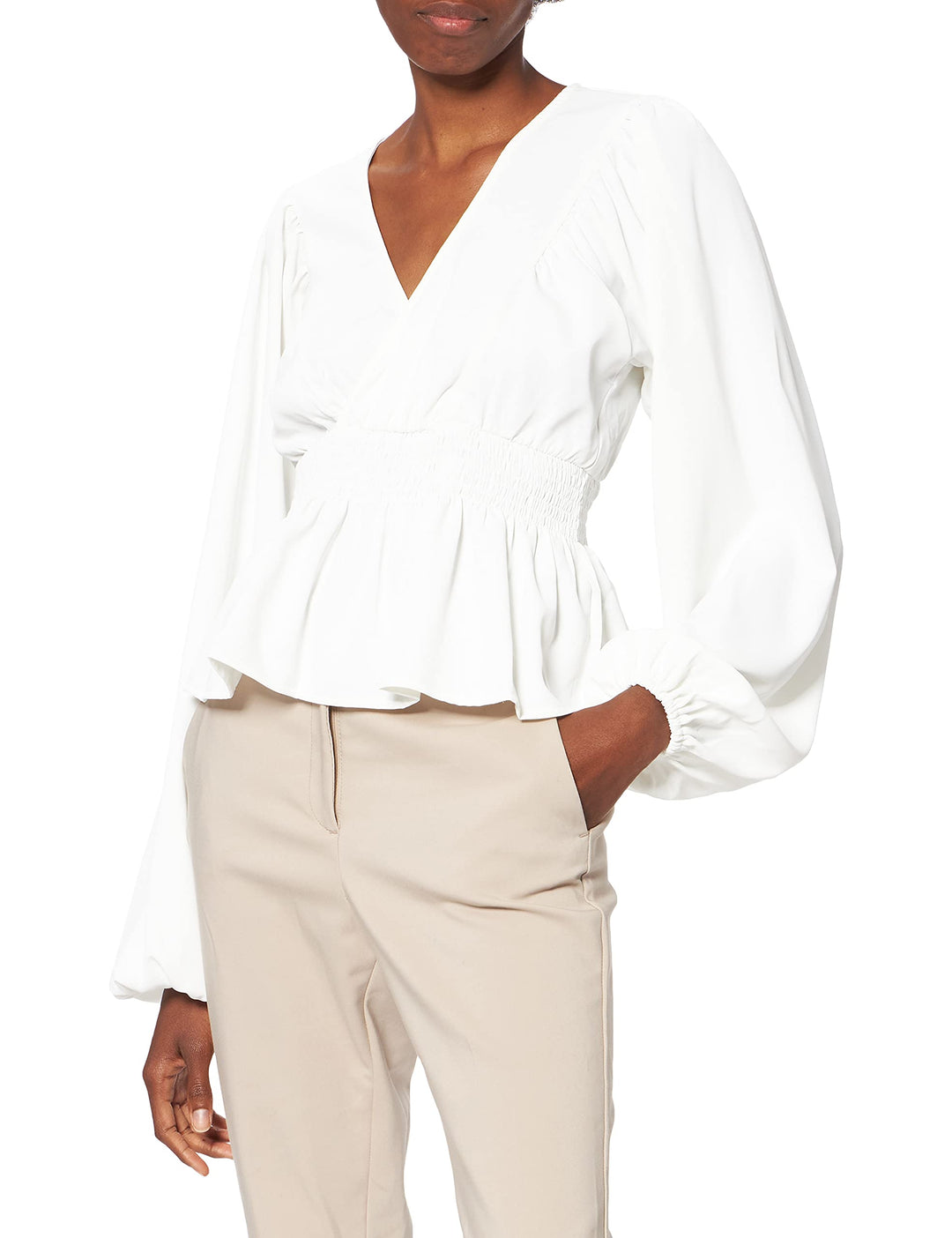NA-KD Damen Smocked Waist Blouse Bluse 44 Beige, 44 Beige