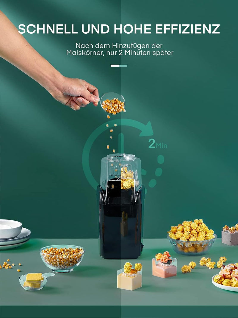 HeissLuft Popcornmaschine,1200W Selbstgemachte Popcorn Maker,Schnelles Popcorn In 2 Minuten,Fett- Un