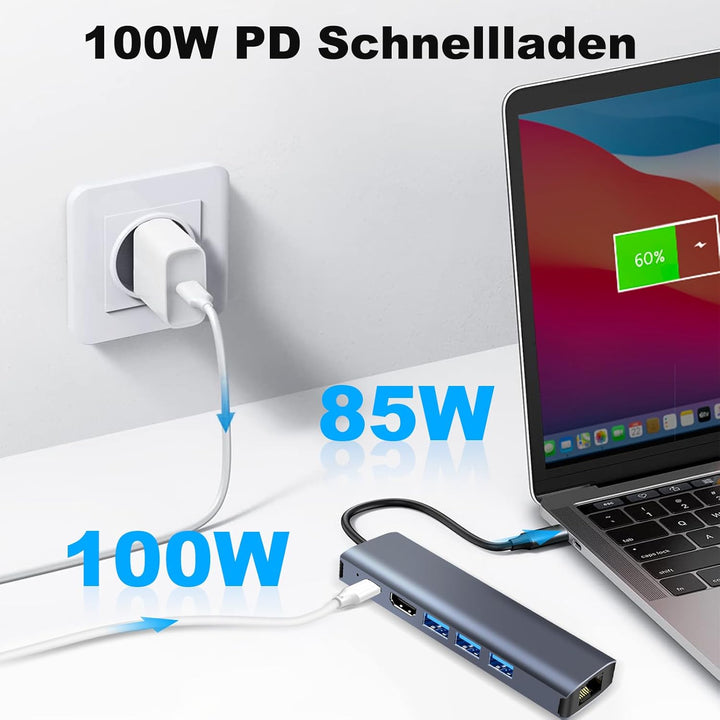 USB C Hub Ethernet 6 in 1, 4K HDMI, LAN RJ45 1000Mbp,PD100W, 3*USB A 3.0 5Gbps Docking Station USBC