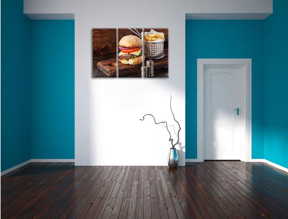 Pixxprint Cheesburger mit Pommes 3-Teiler Leinwandbild 120x80 Bild auf Leinwand, riesige Bilder fert