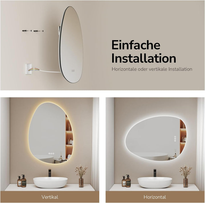 EMKE Spiegel mit Beleuchtung Asymmetrischer LED Badspiegel 75 x 55 cm Touch-Schalter, 3 Lichtfarben