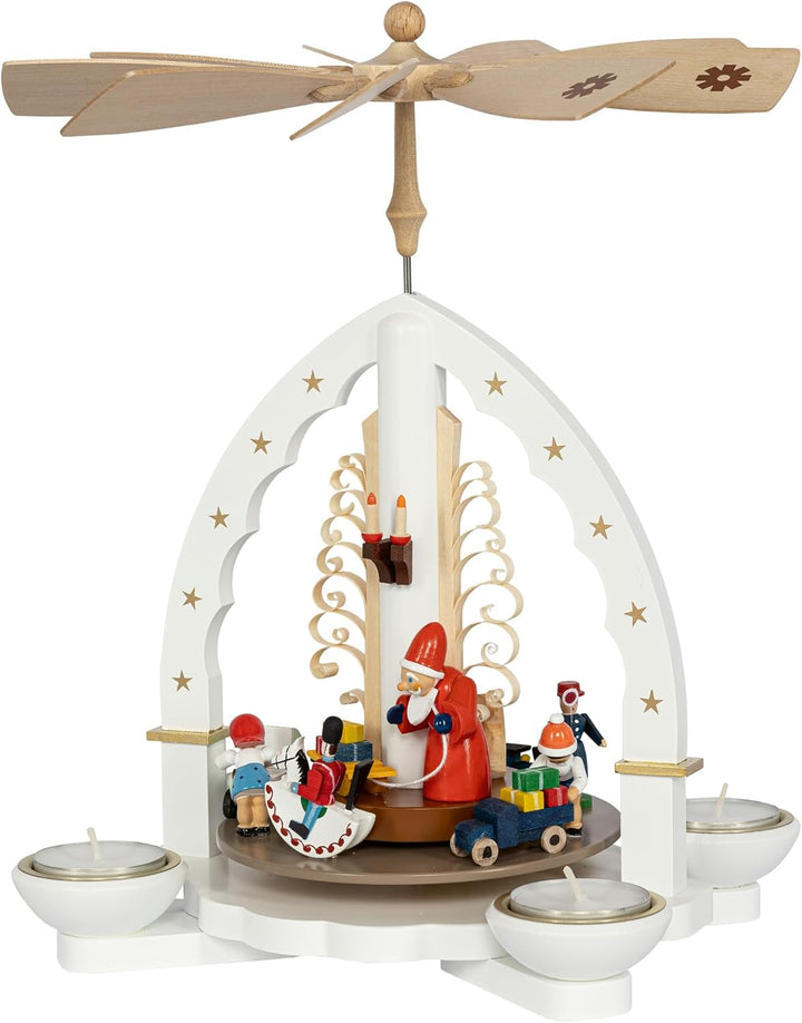 Richard Glaesser Pyramide Weihnachtsbescherung weiss für Teelicht und Kerzen aus Seiffen im Erzgebir