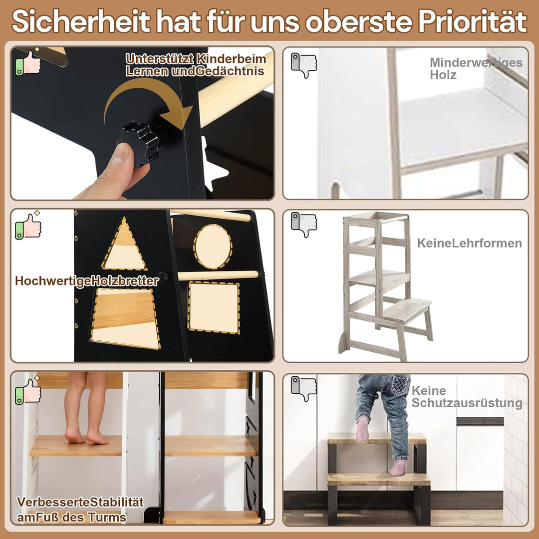 LEADZM Lernturm ab 1 Jahr，Learning Tower，3-Stufige Höhenverstellung aus Holz，mit Anti-Rutsch-Streife