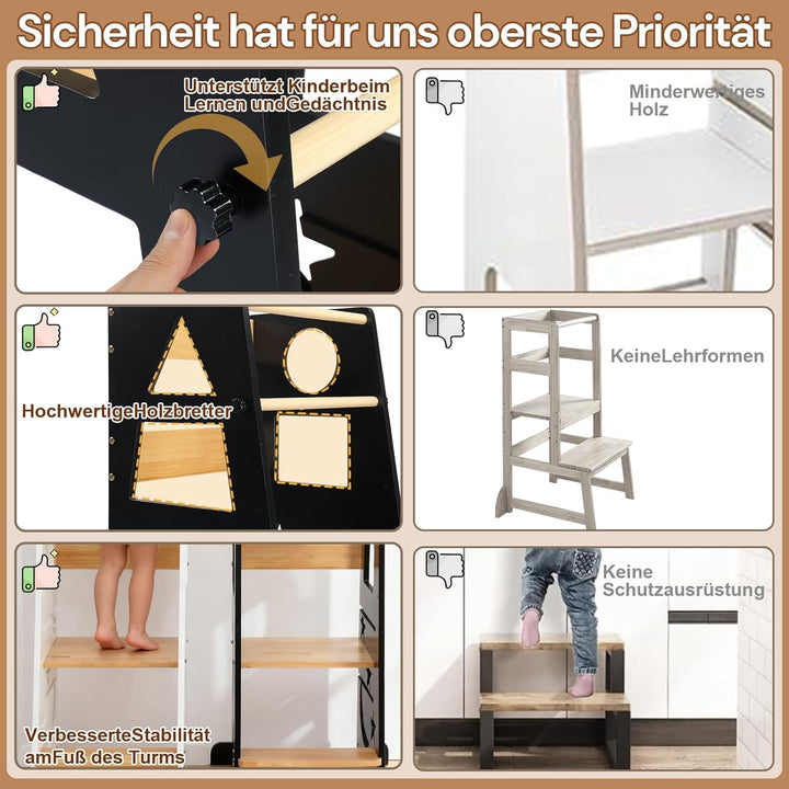 LEADZM Lernturm ab 1 Jahr，Learning Tower，3-Stufige Höhenverstellung aus Holz，mit Anti-Rutsch-Streife