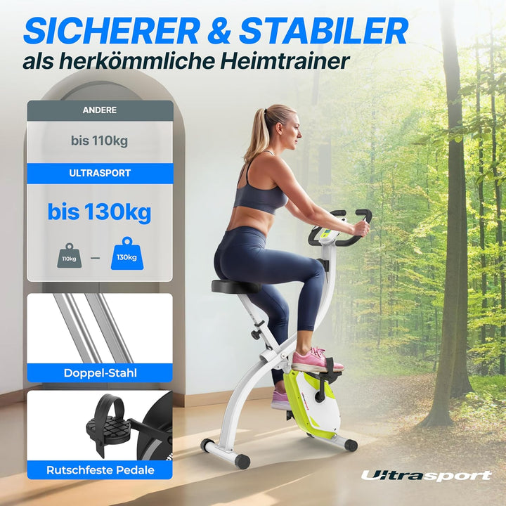 Ultrasport F-Bike 150/200, Heimtrainer, 8 Widerstandsstufen, Tablethalterung, Handpulssensoren, falt