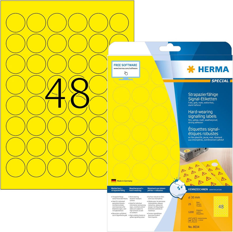 HERMA 8034 Wetterfeste Folienetiketten rund, 25 Blatt, Ø 30 mm, 48 Stück pro A4 Bogen, 1200 Aufklebe