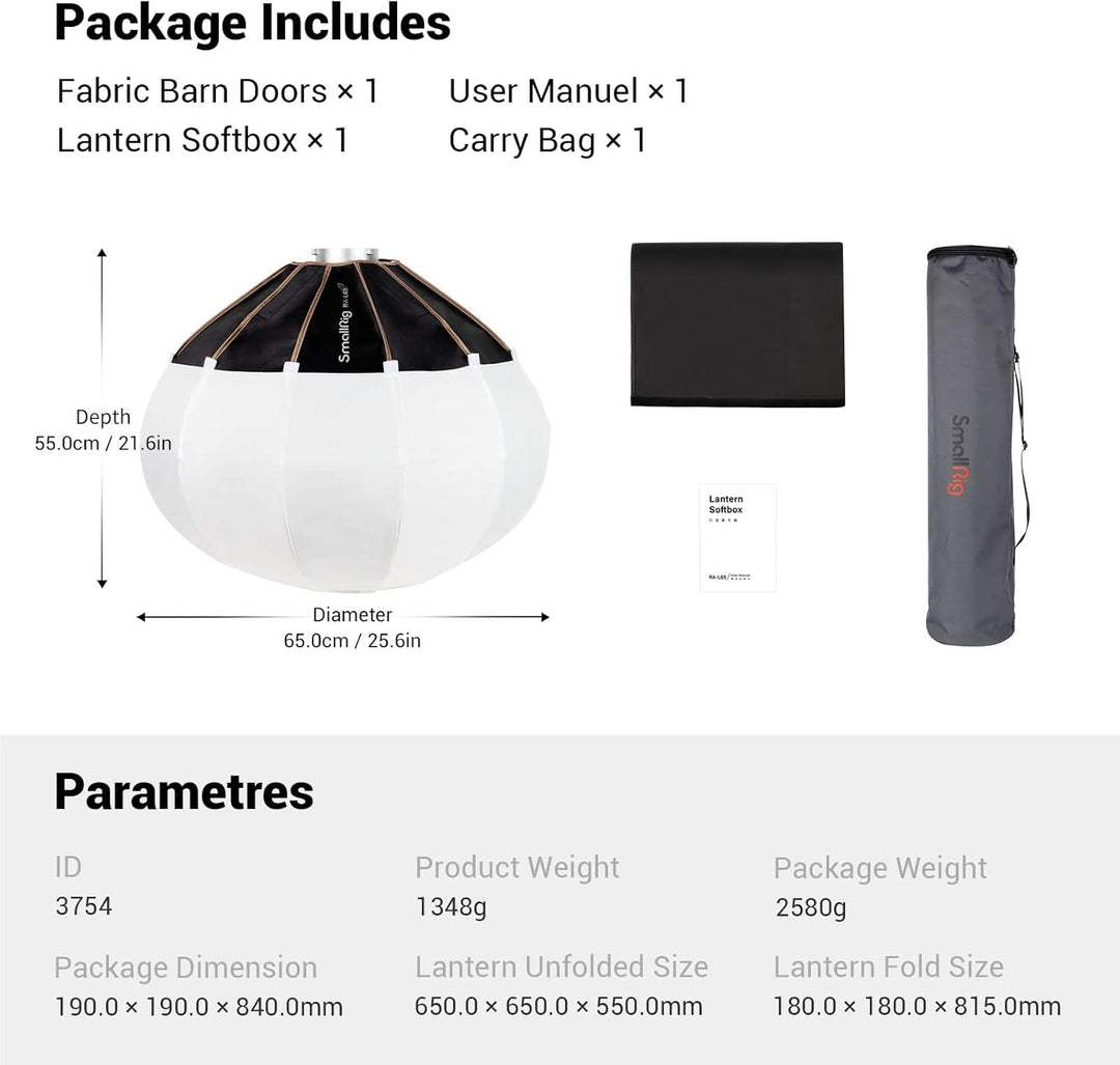 SMALLRIG Laternen Softbox 60cm/26 Zoll, Bowens Mount Softbox mit Klettverschluss Flexible Barndoor T