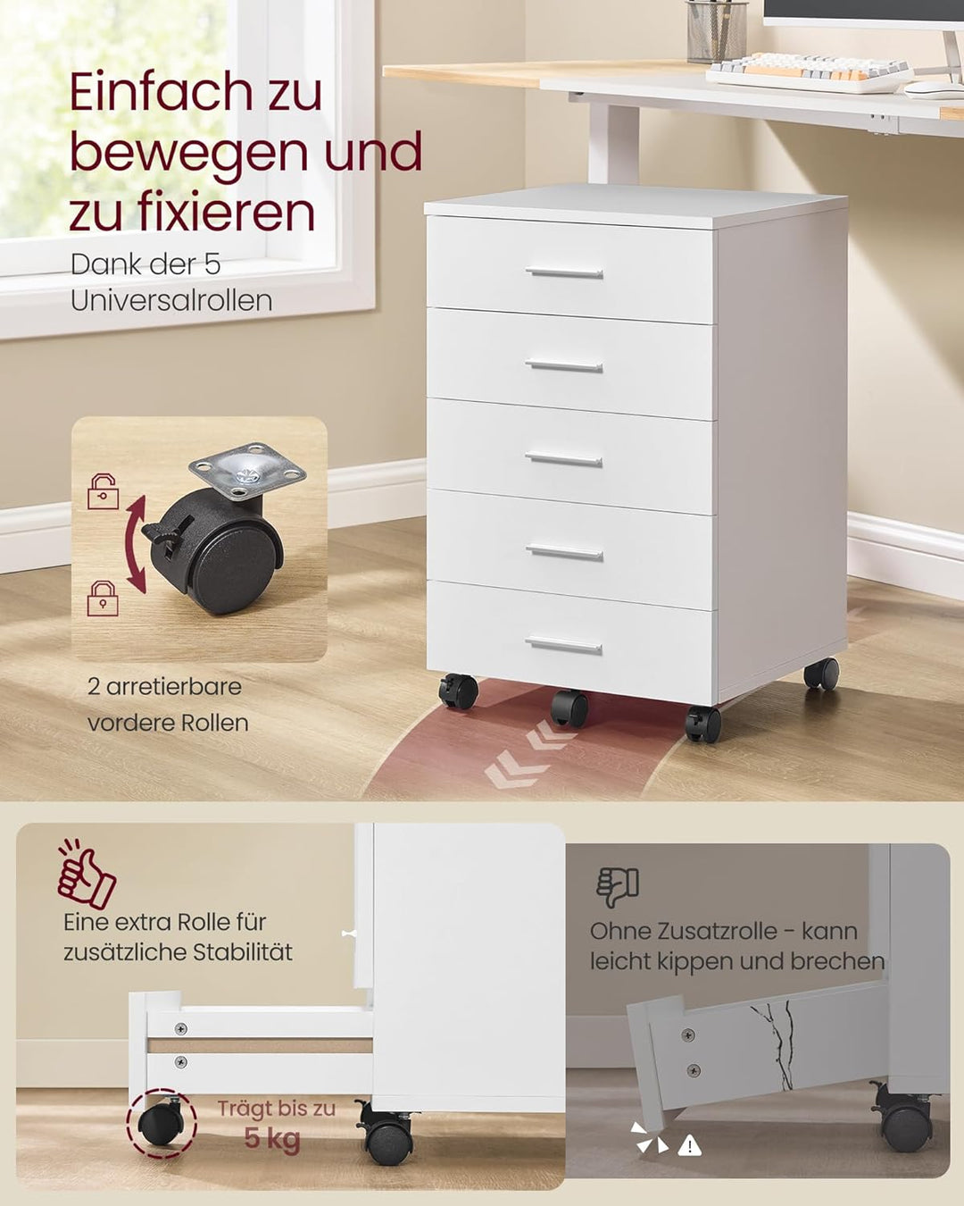 VASAGLE Rollcontainer, mobiler Aktenschrank, Schubladenschrank, Druckerständer mit 5 Schubladen, mit