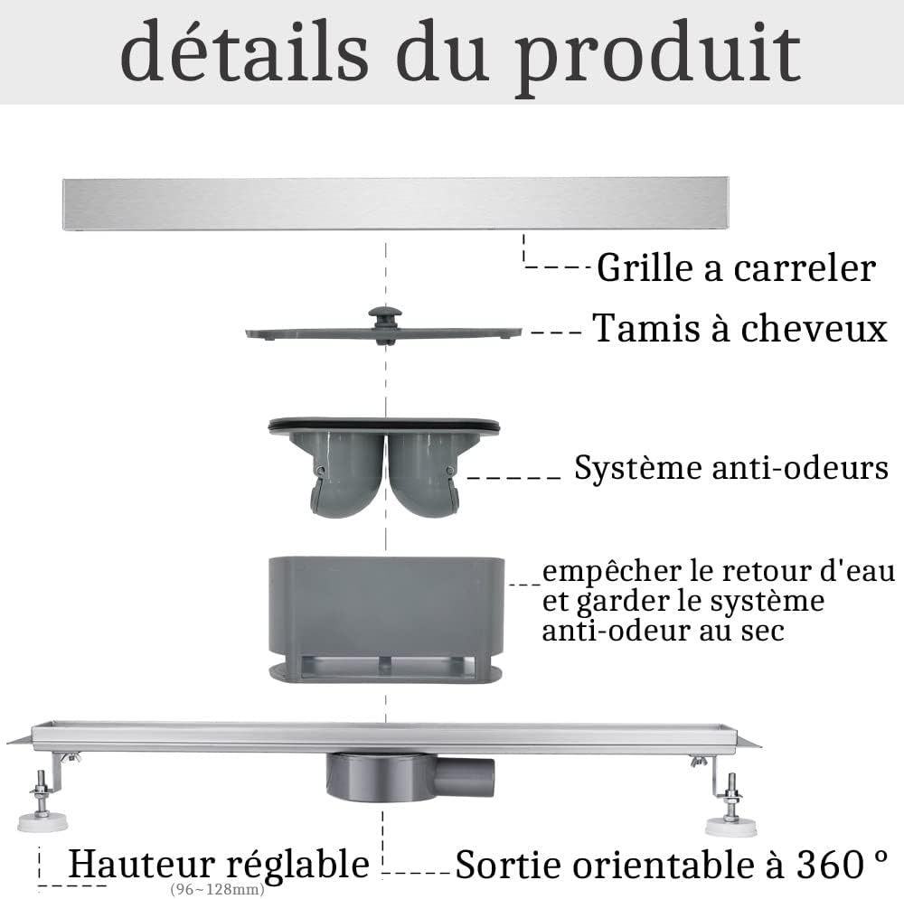 Duschrinne 60 cm Befliesbar 360 Grad Edelstahl komplettset Duschablauf Extra Flach Siphon mit Geruch