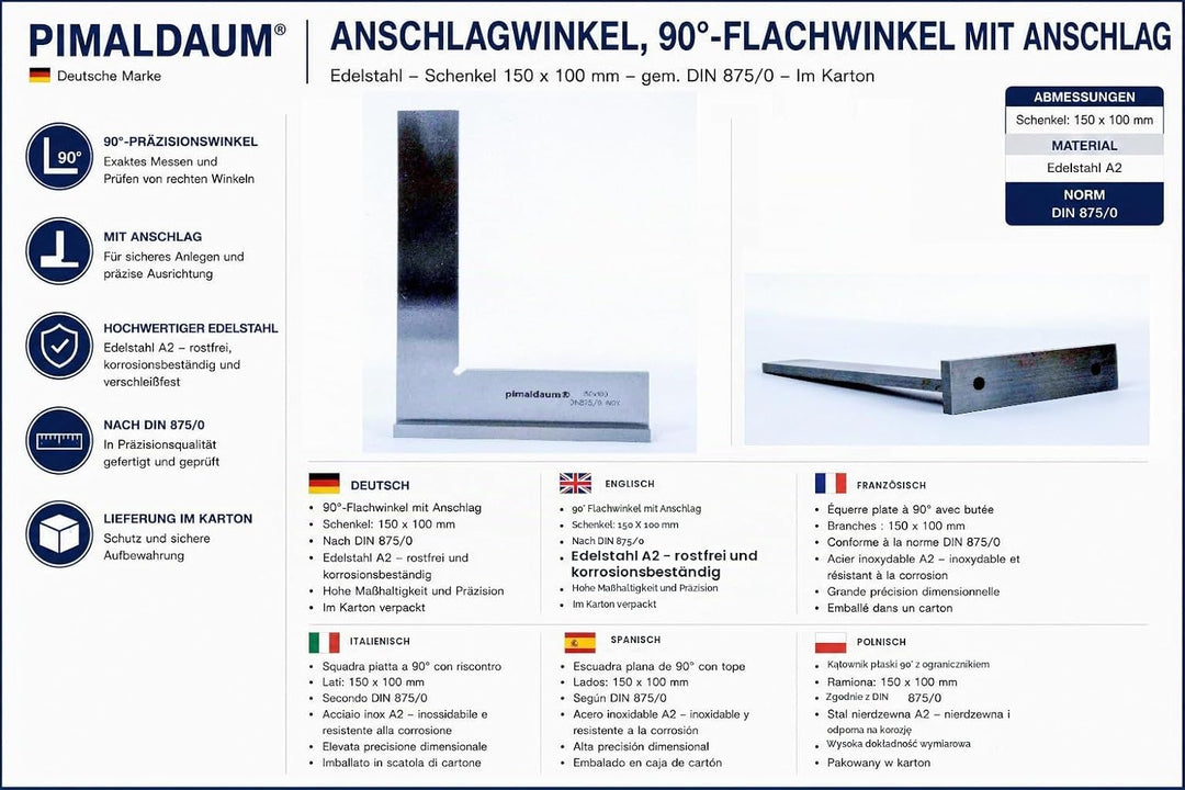 PIMALDAUM® Anschlagwinkel, 90°-Flachwinkel mit Anschlag gem. DIN 875/0, Edelstahl (Metall, 150x100 m