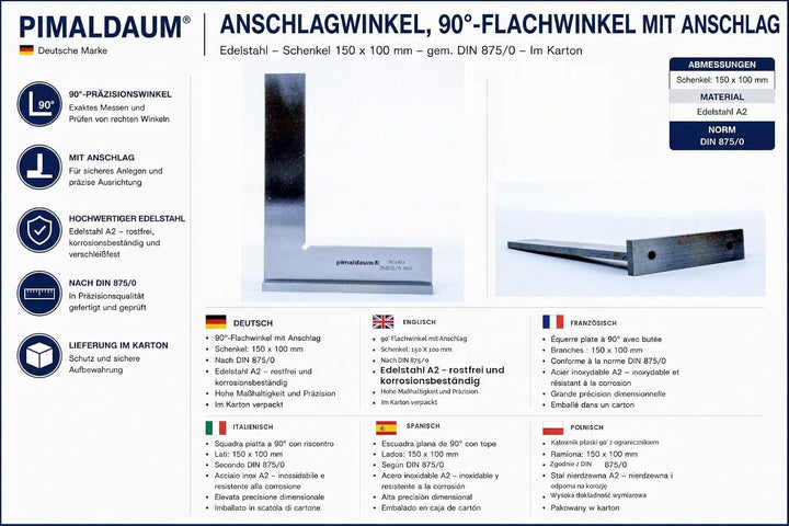 PIMALDAUM® Anschlagwinkel, 90°-Flachwinkel mit Anschlag gem. DIN 875/0, Edelstahl (Metall, 150x100 m