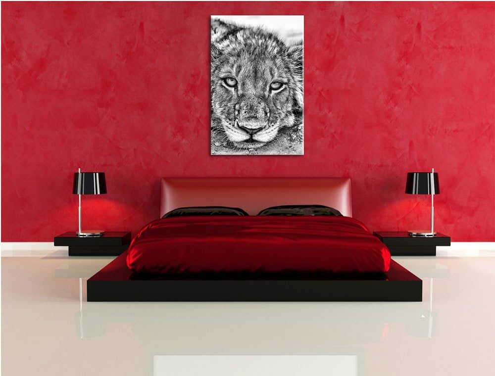 Monocrome, wachsame Löwin, Format: 100x70 auf Leinwand, XXL riesige Bilder fertig gerahmt mit Keilra