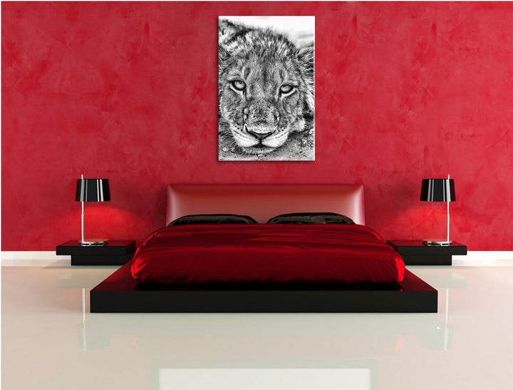 Monocrome, wachsame Löwin, Format: 100x70 auf Leinwand, XXL riesige Bilder fertig gerahmt mit Keilra