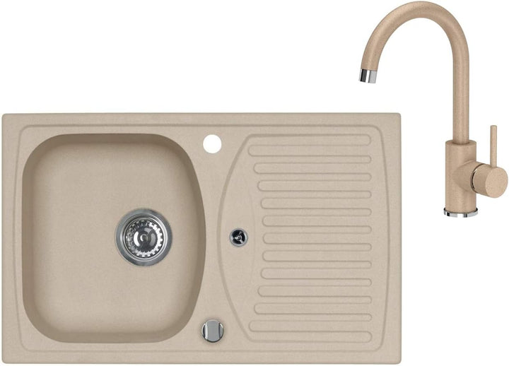 VBChome Spülbecken mit Armatur 78 x 48 cm Beige Drexexcenter Granit Einzelbecken Einbauspüle Abtroff