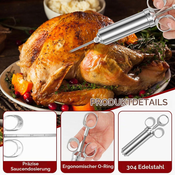 Edelstahl Fleischspritze, Marinadenspritze Kit mit 3 Marinierspritze Nadeln und 2 Reinigungsbürste,
