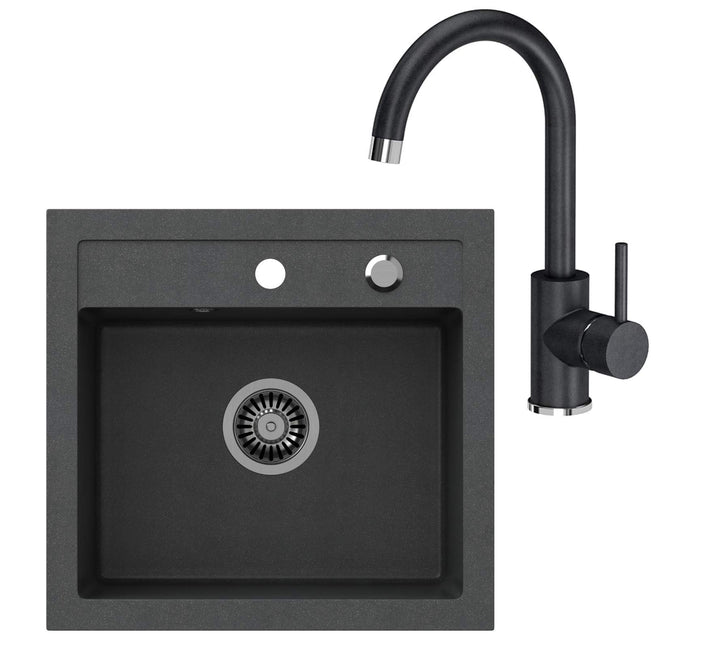 VBChome Spülbecken + Armatur 50 x 47 cm Schwarz Spüle Einzelbecken Küche Einbauspüle Verbundspüle Kü