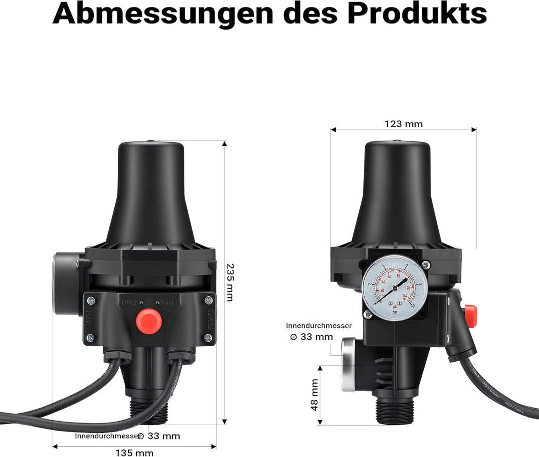 Wiltec Druckschalter SKD-3 230V 1-phasig bis 10 bar, Druckwächter mit Trockenlaufschutz für Hauswass