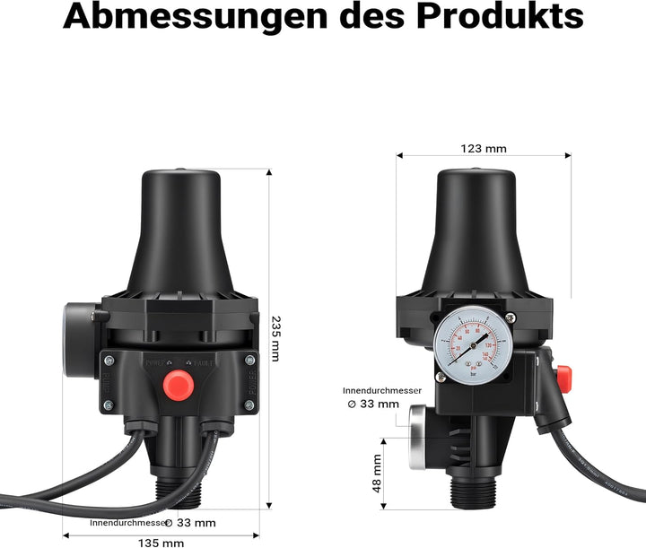 Wiltec Druckschalter SKD-3 230V 1-phasig bis 10 bar, Druckwächter mit Trockenlaufschutz für Hauswass