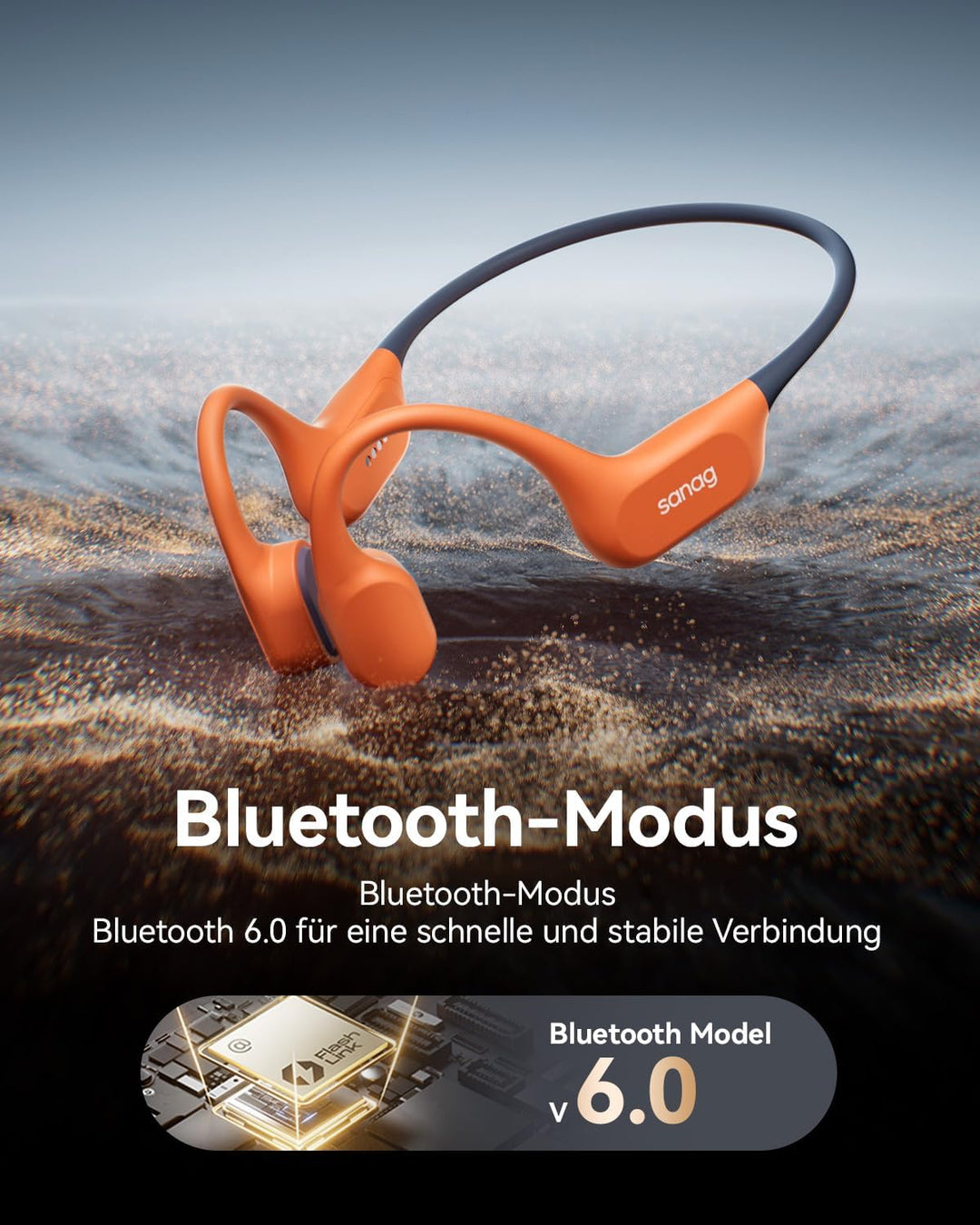 SANAG Knochenschall Schwimmen Kopfhörer, IP68 Wasserdicht, 64GB MP3 Player, Bluetooth 6.0 Sport Kopf