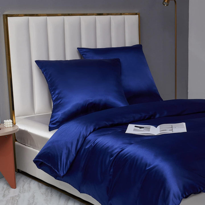 Gezu Bettwäsche-Set, 140 x 200 cm, Satin, Blau, einfarbig, für Einzelbett, Seide, glänzend, weich, m