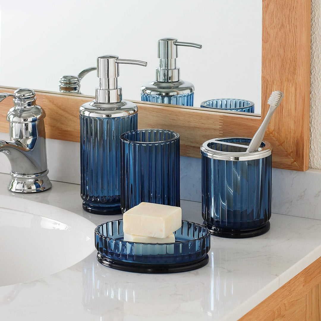 Badezimmer-Zubehör-Set aus schwerem blauem Glas mit dekorativem gepresstem Muster – inklusive Handse