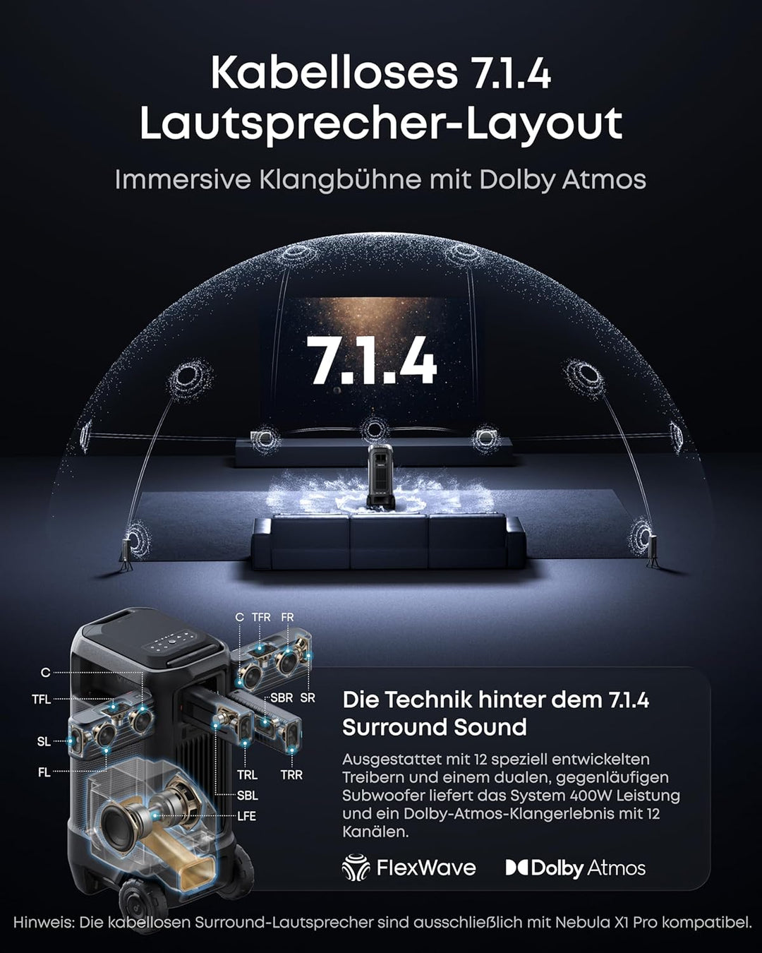 soundcore Nebula X1 Pro | Mobiler Beamer 4K Laserprojektion 7.1.4 Dolby Atmos Spatial Sound, All-in-