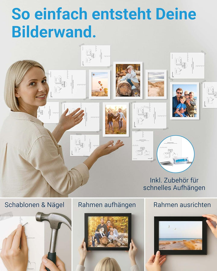 PHOTOLINI weisse Bilderrahmen Set verschiedene Grössen, 17 Bilderrahmen weiss Holz MDF, Bilder Rahme