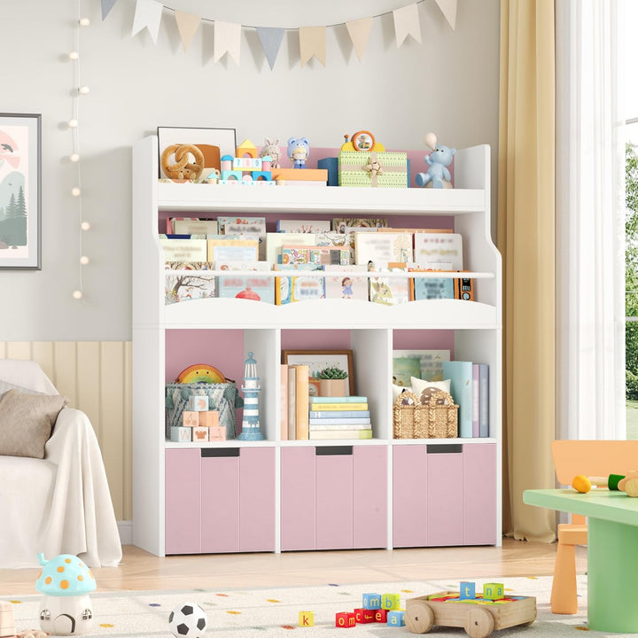 HOCSOK 110cm Kinderregal mit Boxen auf Rollen, Kinderbücherregal mit 4 Ablagefächern, Spielzeugregal