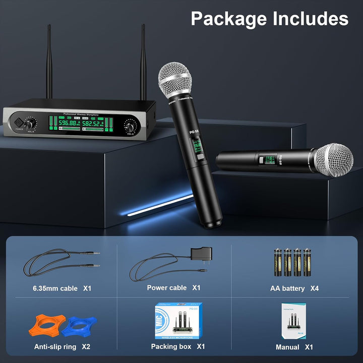 Wireless UHF Microphone System,W/2 Handhelds,Auto Scan,2x50 UHF Frequencies,200ft Range,Dynamic Micr